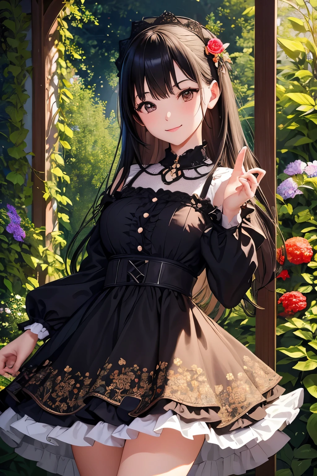 very cute and beautiful girl,(highly detailed beautiful face),(smile:1.2),
black hair,looking at viewer,standing,elegant pose,beautiful legs,cowboy shot,
floral pattern brown lolita dress with detailed frills, flower garden,elegant wooden arbor,shrubbery,
(best quality,masterpiece),absurdres,highres,ultra-detailed,extremely detailed,32k,8k resolution,
intricate details,cinematic scene,detailed background,solo,dynamic angle,perfect hands,