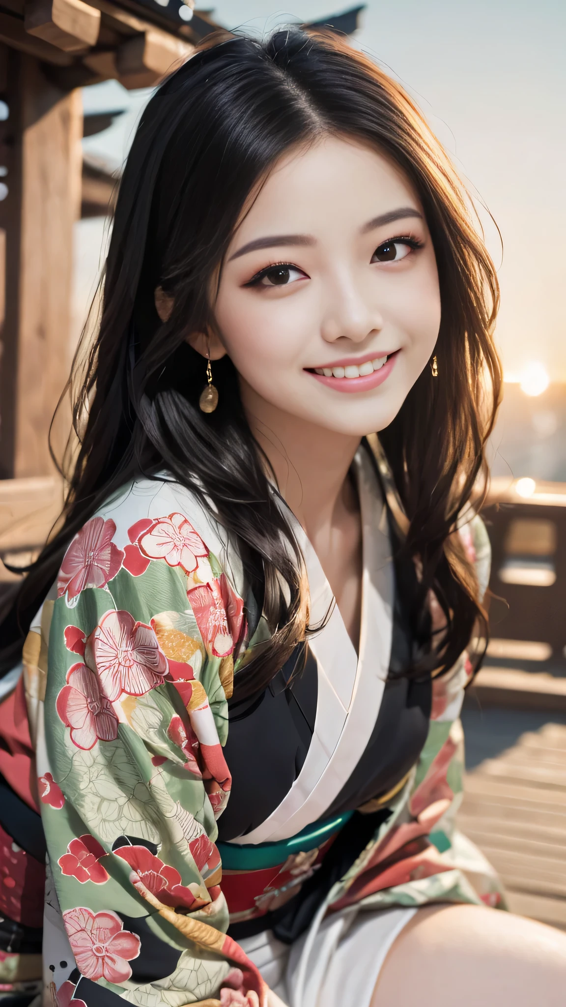 Looking at the camera,(((highest quality, 8k, masterpiece))), Sharp focus, (Beautiful woman with perfect figure), thin, (Hairstyle: superior)), ((kimono)), street, Highly detailed face and skin texture Detailed eyes Double eyelid Random pose, (smile),super cute Japan person,super beauty Japanese girl, Realistic Face, double eyelid,smile,Summer festival , At sunset , Beautiful Teeth , Fireworks Background.