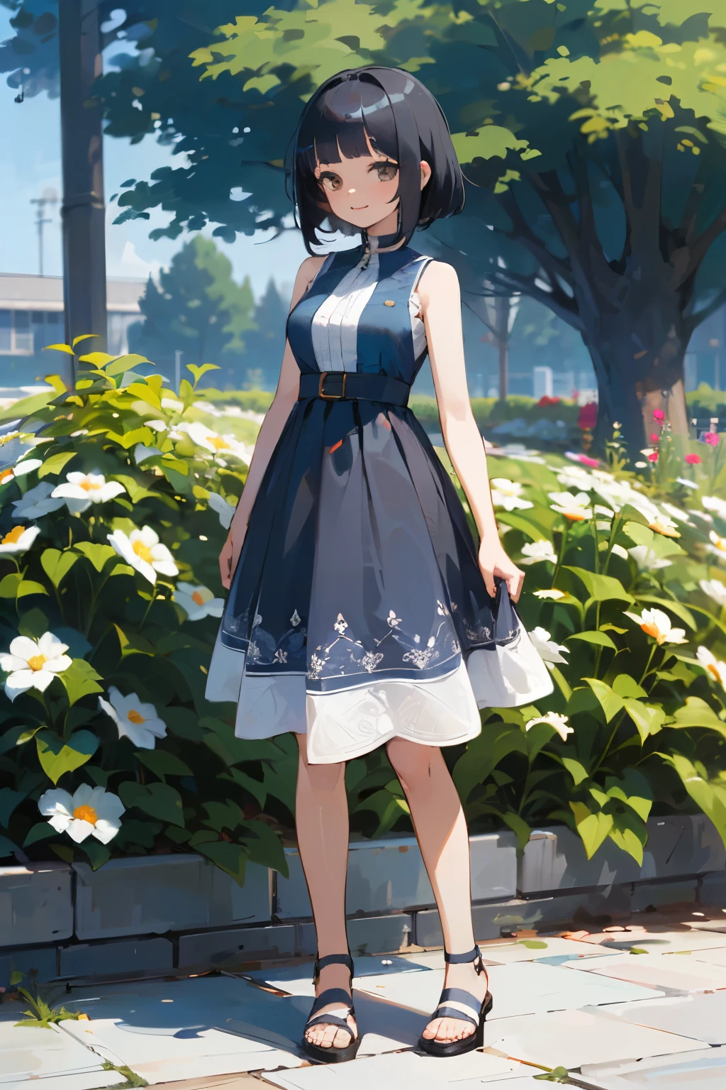 (high quality, High resolution, Very detailed, reality:1.37), Peaceful atmosphere, (Outdoor, garden), Teenage girl standing alone, (my breasts are big.), Beautiful details, Cute Smile, (Black bob hair), Blue sleeveless dress, Sandals.
