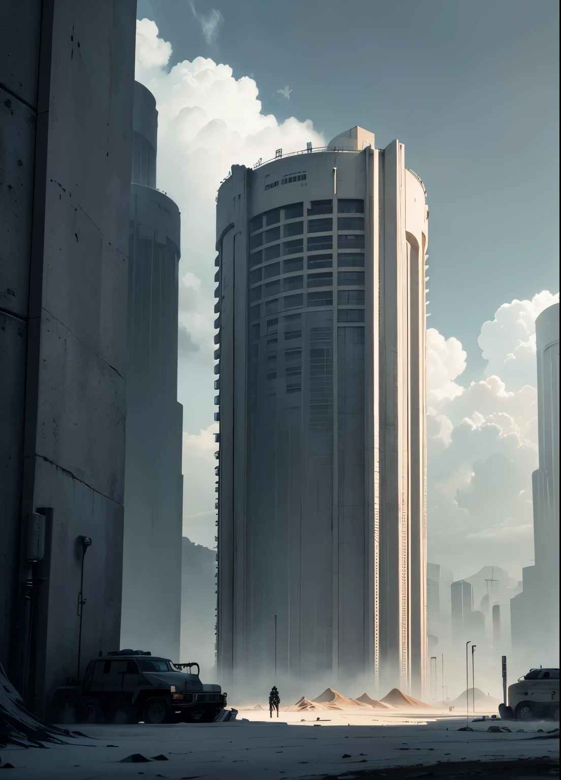 extensive concrete wall structure with three giant pipe outlets with a radius of 50 meters side by side with each other coming out of the wall, Alien Environment, on an alien planet, planeta visto na atmosfera, estrutura colossal, estrutura gigante, science fiction, apocalipse, sky all gray, gray clouds covering the sky, Rainy sky, chovendo, many alien structures around