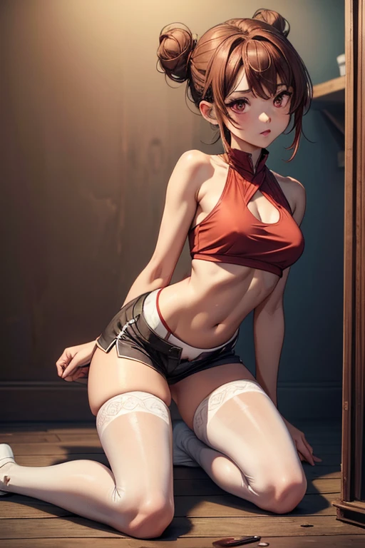 ((best quality)) ((best quality)), ((masterpiece)), (detailed), 4k image, anime style, beautiful woman, fair caramel skin, symmetrical face, cherry pink plump lips, blood red eyes, African looks, fit athletic body, small breasts, toned thin slender body, slim waist, short height, sleek hair tied in a messy bun, sleek reddish-brown hair, wide hips, phoenix eyes, small nose, heart-shaped butt, simple sleeveless halter crop top with a pair of shorts, one girl only, full body image, back to the wall, one girl only, brown skin, doggy-style position, knee-length sheer white stockings