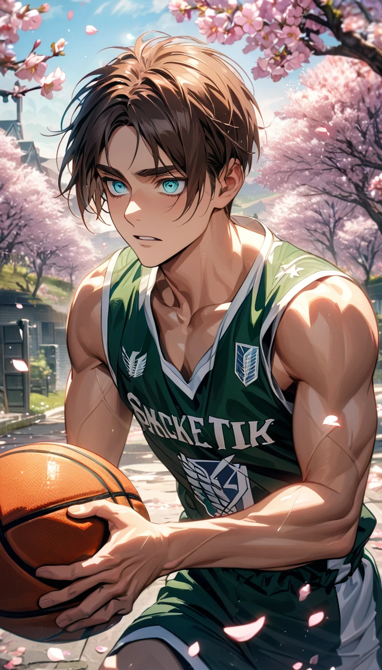 absurdres, highres, ultra detailed, HDR, masterpiece, extremely detailed face and eyes, Eren Yeager, brown hair, expressive turquoise eyes, Shingeki No Kyojin, solo, sexy man, handsome, basketball uniform, spring, blossoms, petals