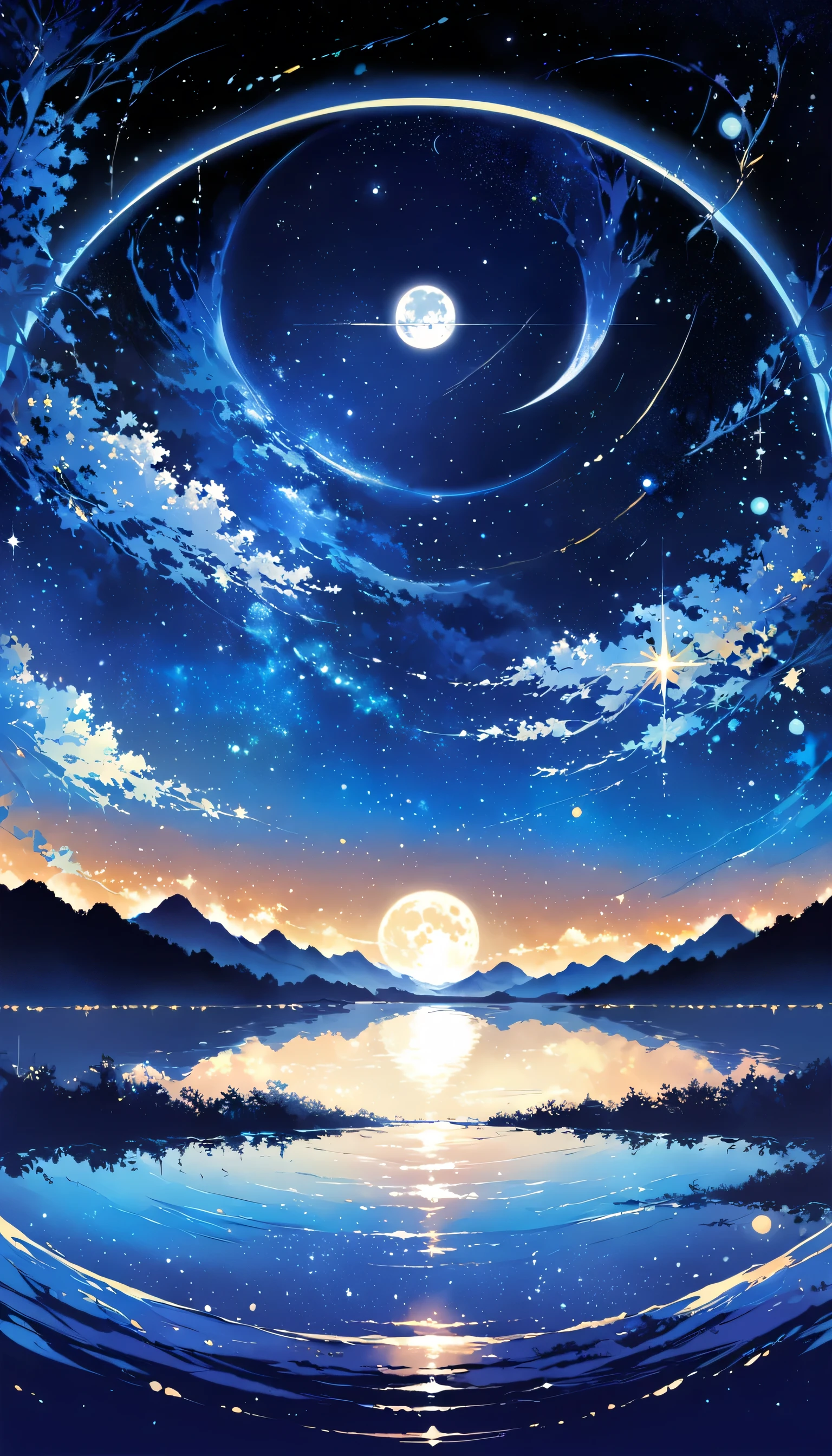 A condensed beauty of a painting of a river and the stars and moon in the sky, Concept art inspired by Mitsuoki Tosa, pixiv Contest Winner, highest quality, Fantasy art, Beautiful anime scene, Bright moon circle, Starry Sky environment in the moonlight, Dream Painting, Anime Background art, Dreamscape Painting, Great night, Anime Background, Background artwork, Great art, Atmospheric anime, Starry Sky, Detail enhancement.