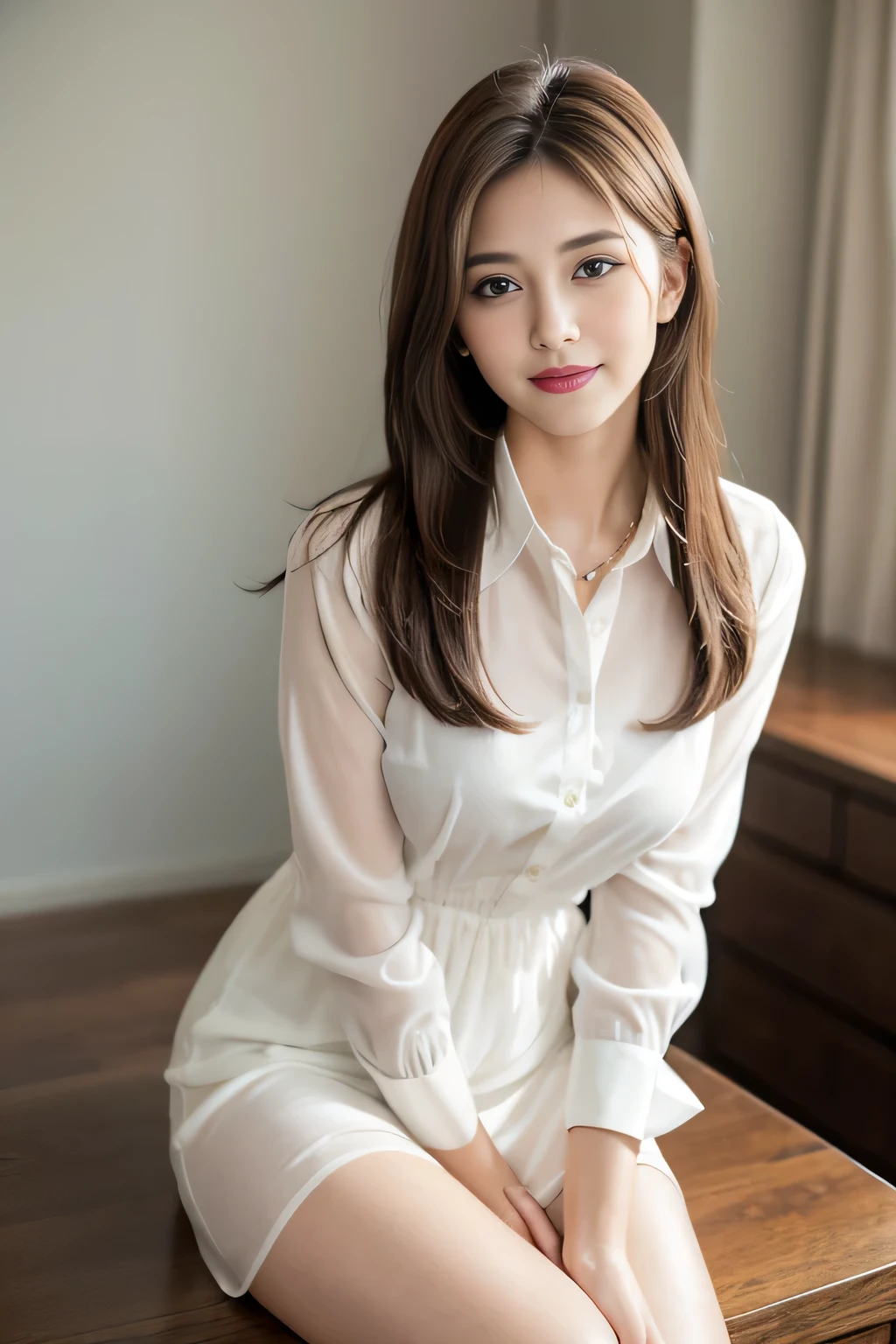 (RAW Photos), (Realistic), (masterpiece), (highest quality), High resolution, 8k, (Intricate details), (Volumetric Light), Portraiture, woman, Age 35, Medium Hair, Straight hair, Medium Chest, Layered Hair, Brown Hair, Very beautiful eyes, Source order, Very thin eyebrows, Very fine skin, Very beautiful mouth, Very nice nose, Cute like an idol, smile, (Thick lips), (Looking at the audience), (See-through pearl white collared dress shirt), Above the knee shot