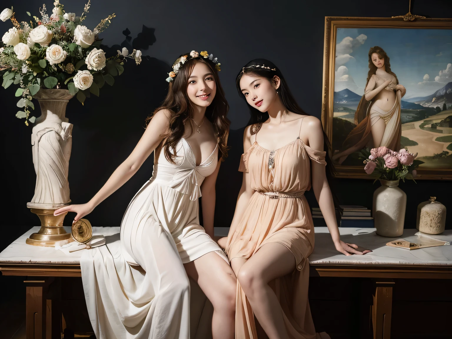 full body portrait or statue、Sandro Botticelli painting style,Arguments of two female Philosophe,math、astronomical machine、astronaut、roses in vase、fruits、Cute trinkets、smile、ancient greek costume、Ancient Roman landscape in the style of Nicolas Poussin,laughter,,Sweet and seductive appearance.、Caravaggio's paintings、Chiaroscuro of Caravaggio、hair tousled by the wind,Two women frolicking,cute smile, expression of ecstasy,Sexy,erotic
