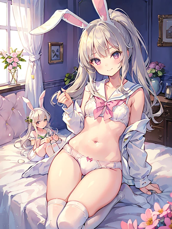 Absurd,(masterpiece、highest quality、8k ),Intricate details,Very detailed,Soft Focus、((Cute 10 year old beautiful girl:1.4)),(smile:1.2)、Silver Hair、Straight bangs、Long Hair、(Bunny ears、Sailor bunny girl in white coat、White knee-high socks:1.3),but,Cute pose、Little rabbit、kitten、Large white lace pillow、Pink Curtains、bay window、Flowers in a vase、Ultra-realistic,Perfect Anatomy、(((White underwear)))、highest quality、masterpiece Lesbian joy beautiful girl Black and blonde ponytail On the bed. 、Small breasts、2 girls,massage the breasts,Put your hand in your panties,