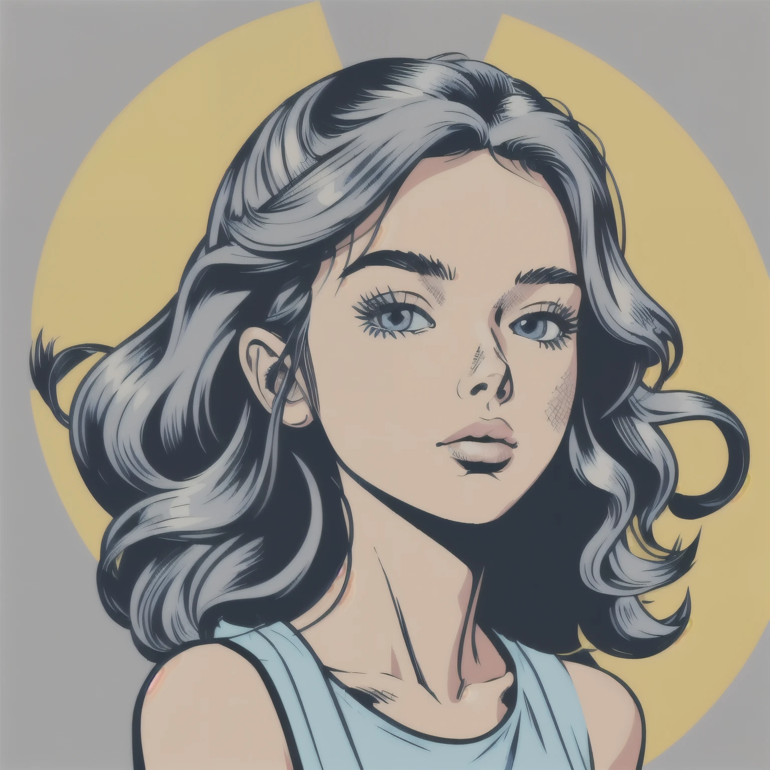 Flat Color, 25 year old surfer girl, Sunburn, ([blue eyes]) Long white wavy hair, Natural beauty, beautiful, casual, Blue Tank Top, masterpiece, Pop Art, close, Portraiture, Anime Style, Simple and bold colored line art, Manga style illustration, Cartoon Art Style, Digital illustration style, highly detailed character design, Cute and detailed digital art, beautiful digital illustration, high quality Portraiture, Comic art, Character Design Portrait, (([Simple gray background])) Pop Art, 
 