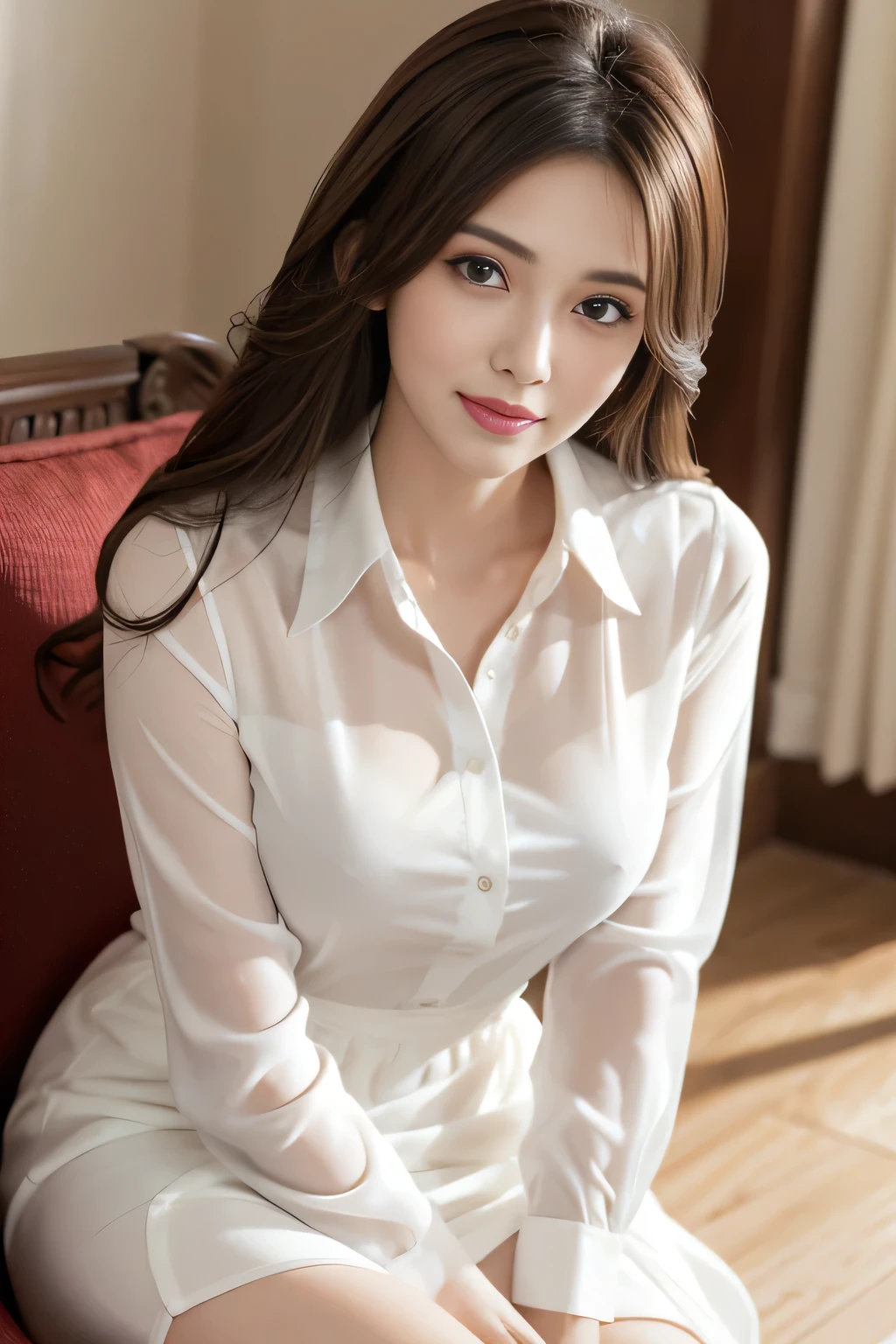 (RAW Photos), (Realistic), (masterpiece), (highest quality), High resolution, 8k, (Intricate details), (Volumetric Light), Portraiture, woman, Age 35, Medium Hair, Straight hair, Medium Chest, Layered Hair, Brown Hair, Very beautiful eyes, Source order, Very thin eyebrows, Very fine skin, Very beautiful mouth, Very nice nose, Cute like an idol, smile, (Thick lips), (Looking at the audience), (See-through pearl white collared dress shirt), Above the knee shot
