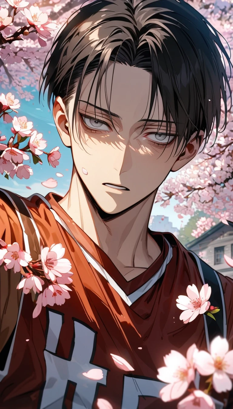 Ultra detailed, HDR, Highres, absurdres, master piece, Levi Ackerman, black hair, expressive grey eyes, Shingeki No Kyojin, blossoms, petals, basketball uniform, spring, cherry blossoms, sexy man, solo, extremely detailed face and eyes, handsome, dark circles under the eyes,