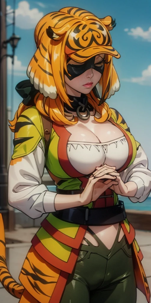 1 solo female blindfolded, animal tiger ears, animal tiger hands, animal tiger print, bell ((Armor reminiscent of a tiger))