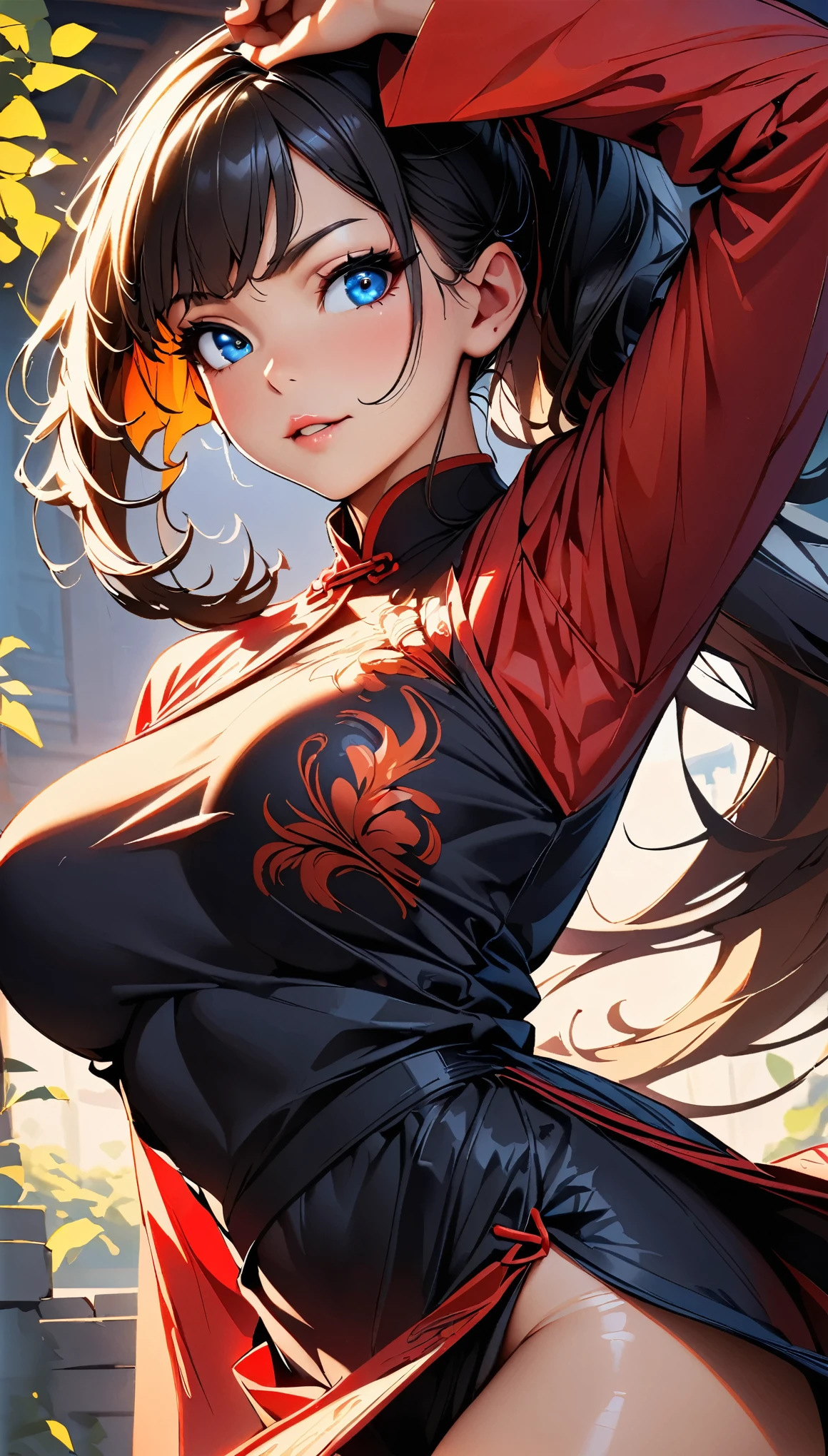 (highest quality:1.2, Very detailed, Latest, Vibrant, Ultra-high resolution, High Contrast, masterpiece:1.2, highest quality, Best aesthetics), (Small face), (Very detailedな肌:1.2), One Woman, beautiful girl, Beautiful Face, A girl in a Chinese dress practicing kung fu, Beautiful detailed eyes, Beautiful detailed lips, Very detailedな目と顔, Long eyelashes, martial arts expert, Strong and agile movements, Flowing sleeves and dress, Graceful posture, Training in a serene garden at dawn, wood々Sunlight shining through, Subtle shadows that add depth to the scene, Delicate flowers blooming in the background, Traditional Chinese architecture in the distance, Dynamic pose mid-jump, Powerful kicks and punches, Expressive faces showing determination and focus, Cowboy Shot:1.2, Colorful embroidery on the dress adds vibrancy, A harmonious color palette dominated by red and gold, Green tips from garden leaves, Soft, warm lighting creates a tranquil atmosphere.