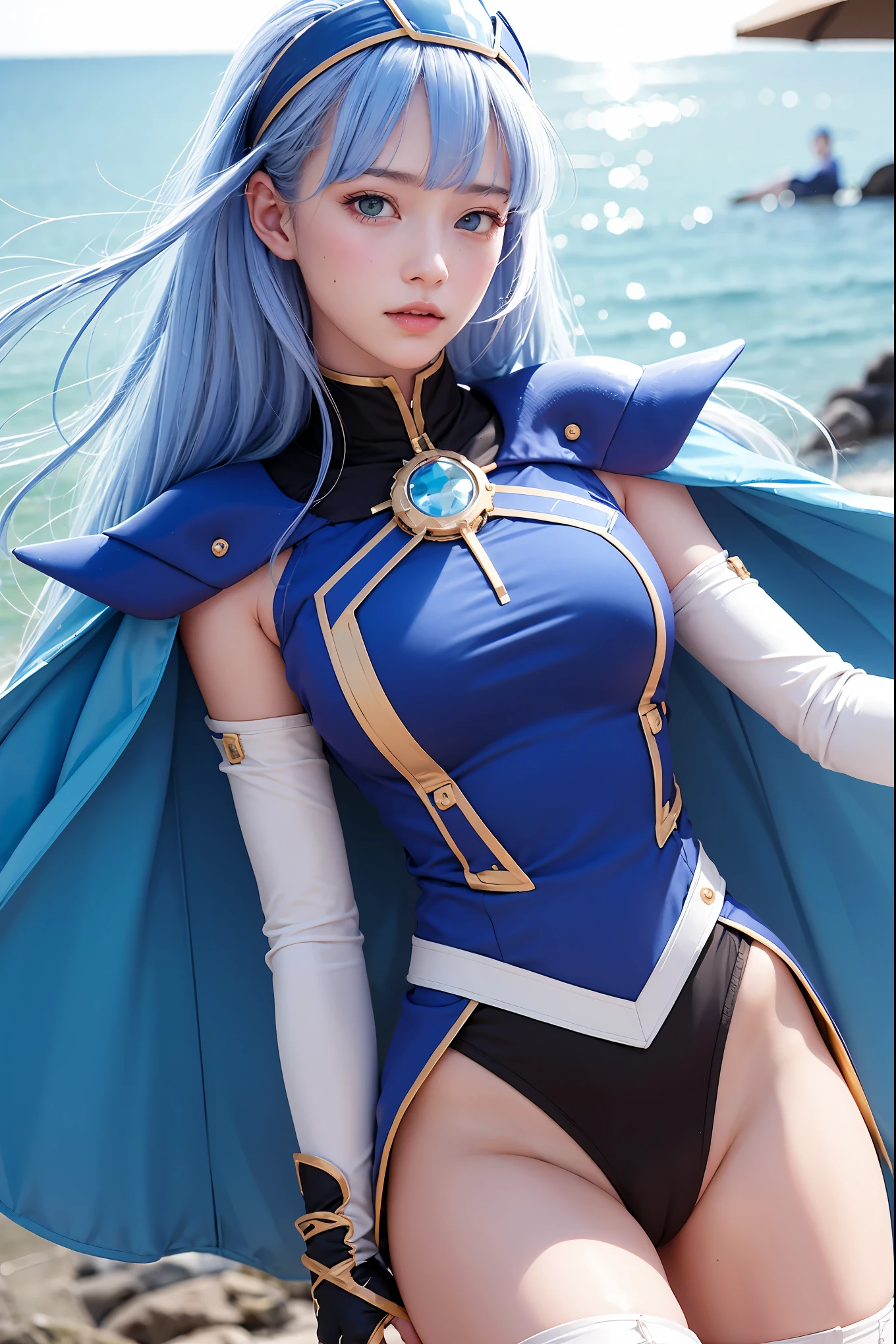 fantasy,1girl umi ryuuzaki hairband headgear, long straight hair, long silky bangs, blue armor shoulder armor blue cape elbow gloves leotard white thighhighs,cameltoe,masterpiece,Noise Reduction,perfect anatomy,high resolution, ultra-detailed,game cg,dutch angle ,beautiful detailed eyes,visualart,five fingers, perfect hands, perfect lighting, nsfw, ((showing nipples)), The sea shining like a jewel, sun, beam of light