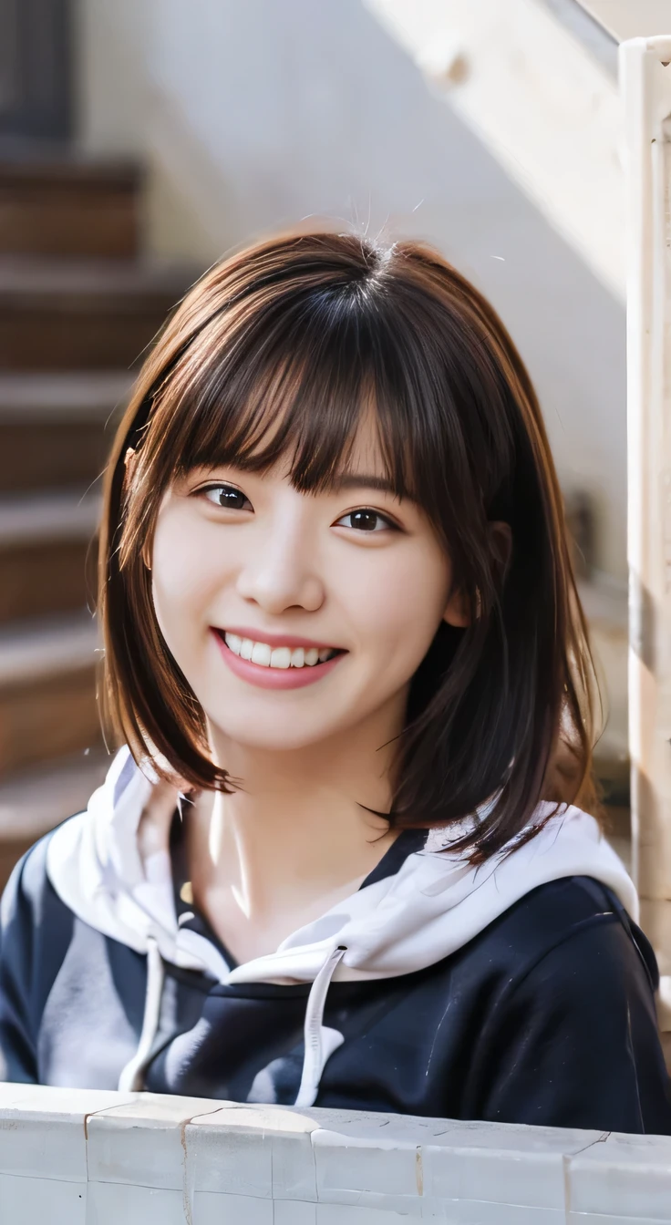 8K、highest quality、Clear Beauty、hoodie、smile、Beautiful teeth alignment、(Gums are visible)Black Hair、Ear piercing、Upper body、The background is a staircase