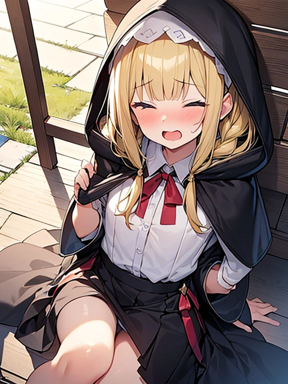 Masterpiece, Top quality, (1 beautiful girl), junior high school student, Blonde, short Hair, Braided hair, wavy Hair, blunt bangs, standard weight, (very flat chest):1.6, (very large dark sorceress long robe with hood):1.3, pleated skirt, (sexual climax):1.2, nose blush, open mouth, closed eyes, saliva, (1 boy and 1girl are having sex), missionary position, spread legs, lies on own back, pubic hair, beautiful scene of outdoors, (overhead shot):1.2