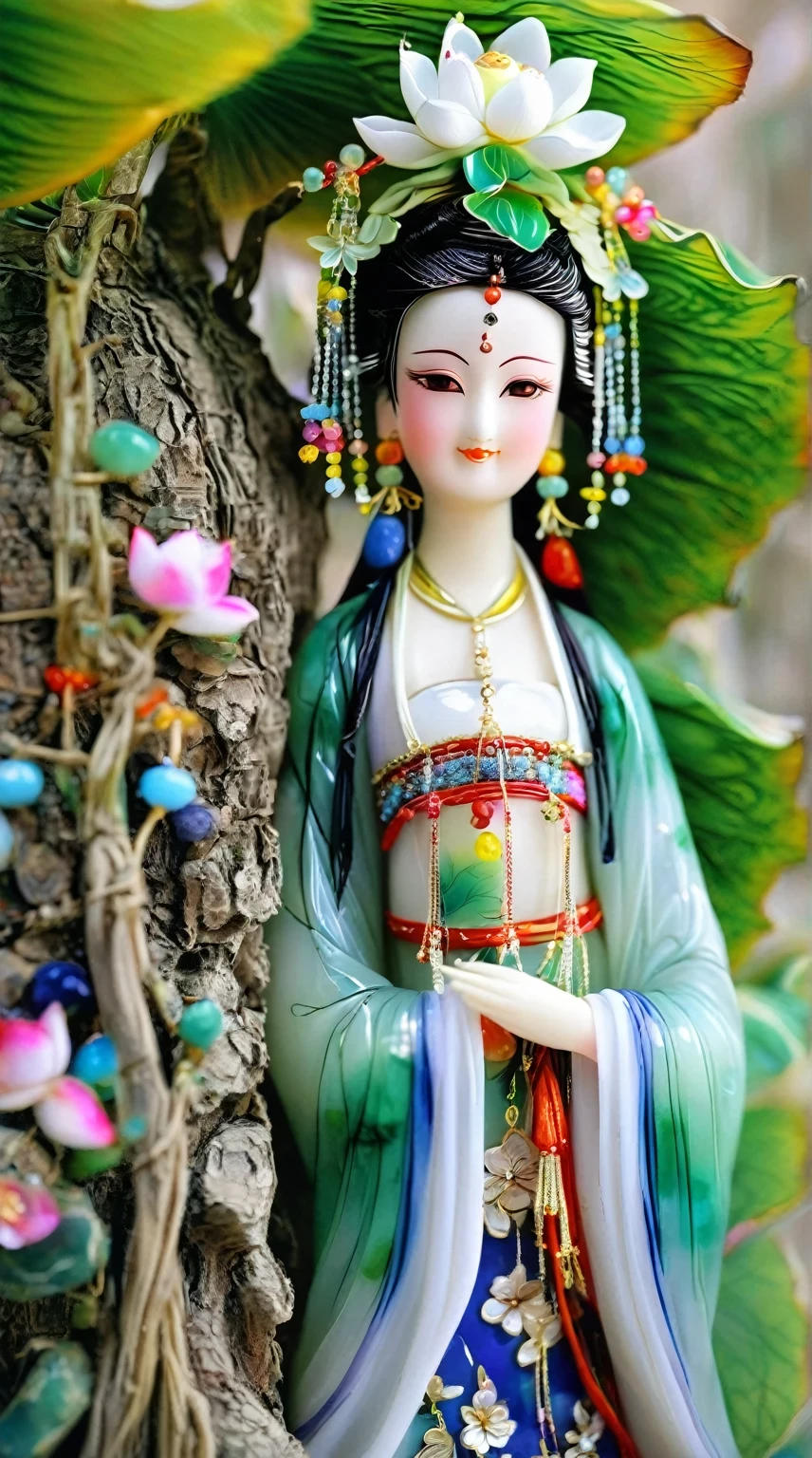 Art jade doll,
A beautiful doll, a Chinese style figure in a green and blue dress with colorful hair accessories standing under a tree, with white lotus flowers on her head and colorful gemstones hanging from her shoulders, a happy expression, exquisite facial features, bright colors, soft lighting, a natural environment, closeup shots, delicate details. in the style of natural environment.
