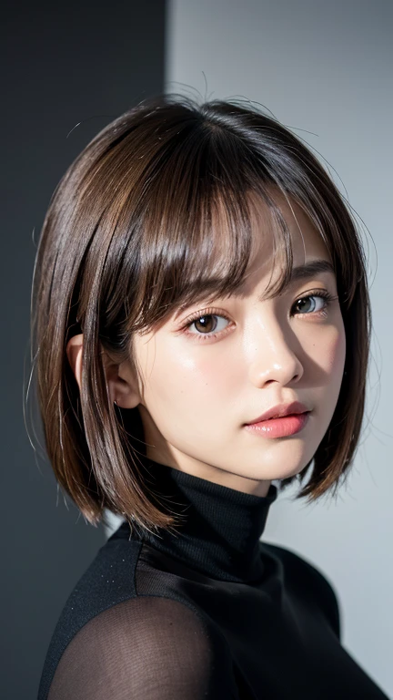 (((Close-up of face)))、(((Absolutely shoulder-length brown straight short bob)))、(((She is posing like a hair salon model, with a black wall indoors as the background.)))、(((Casual black winter long sleeves with shoulders covered)))、Half Japanese, half Korean、18 year old girl、Standing Alone、Looking forward、Light eye makeup、Brown Hair Color、Flat and 、Hair blowing in the wind、Actress Quality、Glossy, ultra-realistic face、Smiling face、Watery eyes、Gazing Up、Subtle lighting effects、 Ultra-Realistic Capture、Very detailed、High resolution 16K close up of human skin。Skin texture must be natural、The details must be such that pores can be clearly seen、The skin is healthy、Uniform tone、Use natural light and colors、A worn-out, high-quality photo taken by a model agency&#39;s in-house photographer.、smile、(((SIGMA 300 mm F/1.4,1/1000 sec shutter,ISO 400))) 