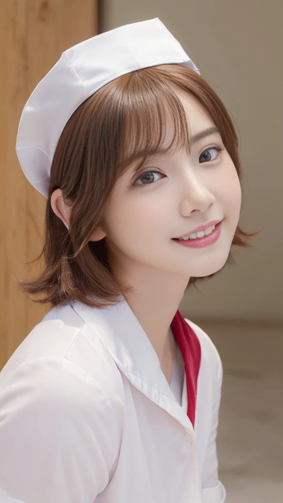 (highest quality,4K,8k,High resolution,masterpiece:1.5),Very detailed,(Realistic,photoRealistic,photo-Realistic:1.37) Portraiture,(A Japanese Girl With Incredibly slim body:2.0),(Her face looks ultra baby-like:2.0),
(Images of her alone:2.0),(Cute Breasts:1.75),(Close-up of her eyes:2.0),(Impressive Features,Super cute and a big idol-like smile:1.5),(Ultra beautiful even left and right eyes with a clear expression:2.0),Beautifully shaped eyebrows,Captivating gaze, pale pink lips,Naturally Rosy Cheeks,Vivid charm,Perfect white skin,Subtle shading,Realistic rendering,(She is wearing a (White:1.0) nurse’s uniform:1.5),(Nurse's Cap:1.5),(Super Short Red Hair:1.5),The golden sunlight gently illuminates the landscape.,Elegant and graceful posture,Create a quiet and serene atmosphere,She is in the operating room