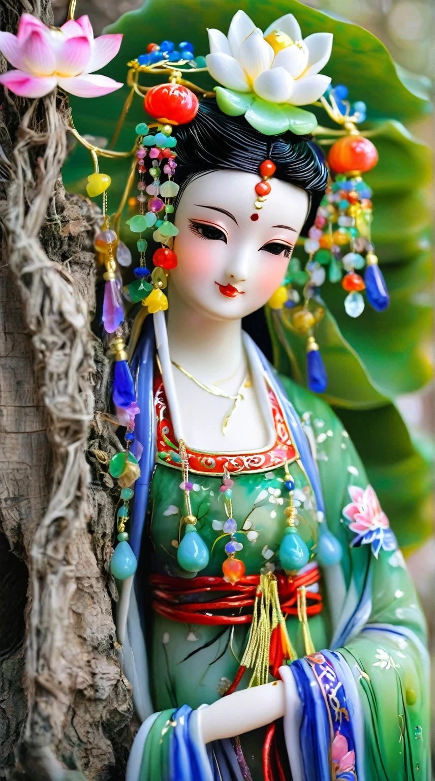 Art jade doll,
A beautiful doll, a Chinese style figure in a green and blue dress with colorful hair accessories standing under a tree, with white lotus flowers on her head and colorful gemstones hanging from her shoulders, a happy expression, exquisite facial features, bright colors, soft lighting, a natural environment, closeup shots, delicate details. in the style of natural environment.