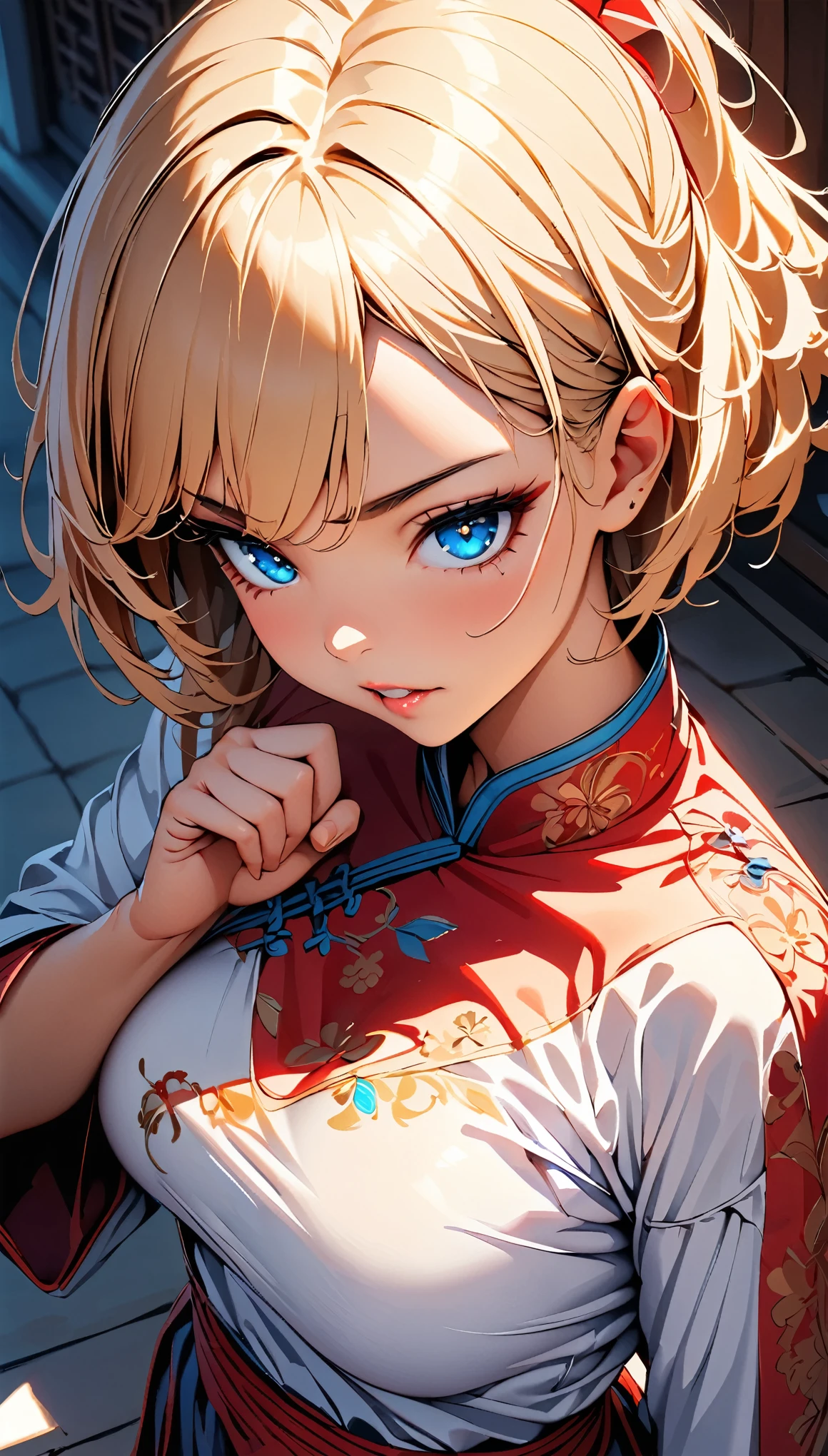 (highest quality:1.2, Very detailed, Latest, Vibrant, Ultra-high resolution, High Contrast, masterpiece:1.2, highest quality, Best aesthetics), (Small face), (Very detailedな肌:1.2), One Woman, beautiful girl, Beautiful Face, A girl in a Chinese dress practicing kung fu, Beautiful detailed eyes, Beautiful detailed lips, Very detailedな目と顔, Long eyelashes, martial arts expert, Strong and agile movements, Flowing sleeves and dress, Graceful posture, Training in a serene garden at dawn, wood々Sunlight shining through, Subtle shadows that add depth to the scene, Delicate flowers blooming in the background, Traditional Chinese architecture in the distance, Dynamic pose mid-jump, Powerful kicks and punches, Expressive faces showing determination and focus, Cowboy Shot:1.2, Colorful embroidery on the dress adds vibrancy, A harmonious color palette dominated by red and gold, Green tips from garden leaves, Soft, warm lighting creates a tranquil atmosphere.