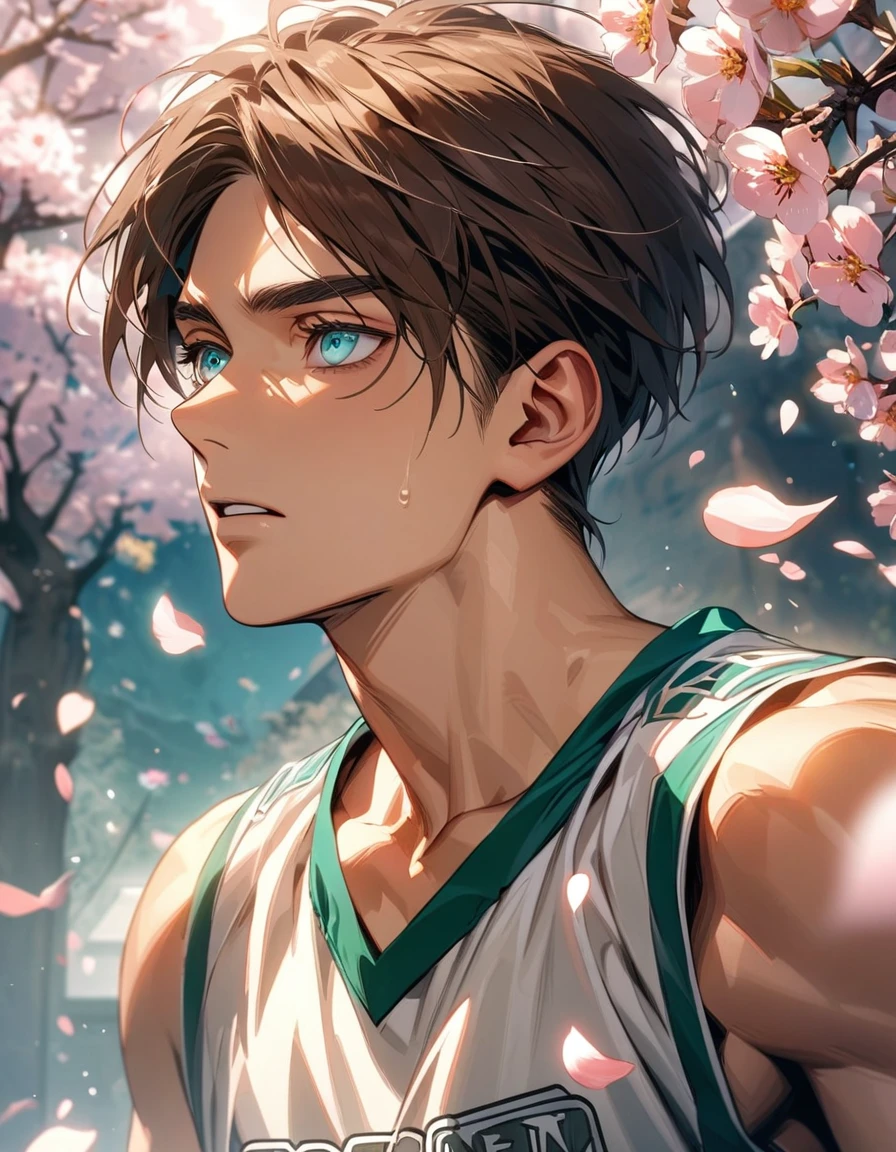 absurdres, highres, ultra detailed, HDR, masterpiece, extremely detailed face and eyes, Eren Yeager, brown hair, expressive turquoise eyes, Shingeki No Kyojin, solo, sexy man, handsome, basketball uniform, spring, blossoms, petals