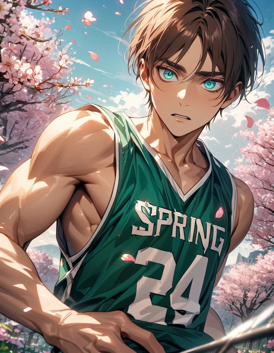 absurdres, highres, ultra detailed, HDR, masterpiece, extremely detailed face and eyes, Eren Yeager, brown hair, expressive turquoise eyes, Shingeki No Kyojin, solo, sexy man, handsome, basketball uniform, spring, blossoms, petals