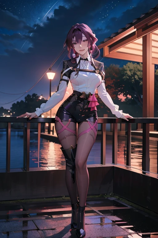 masterpiece, best quality, ultra detailed, 1 woman, kafka, beauty, perfect anatomy, perfect eyes, perfect face, perfect fingers, perfect hands, anime girl, sexy uniform, thight, purple hair, seductive smile, full body, bautiful woman, at night background, seductive, hot, spicy,