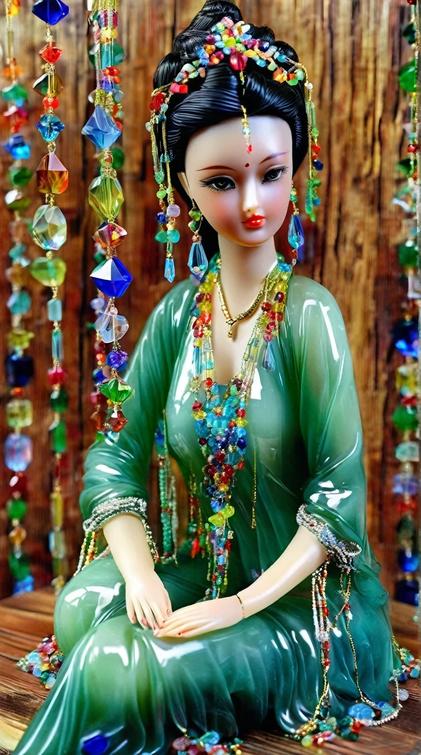 Art  jade doll，
An Asian beauty in green dress made of glass, with colorful gemstones hanging from her hair and around the body. She is sitting on top of an elegant wooden table, surrounded by numerous multicolored crystal bead curtains. The figure has exquisite facial features and hands raised up to reach for beads. Ultra realistic photography
