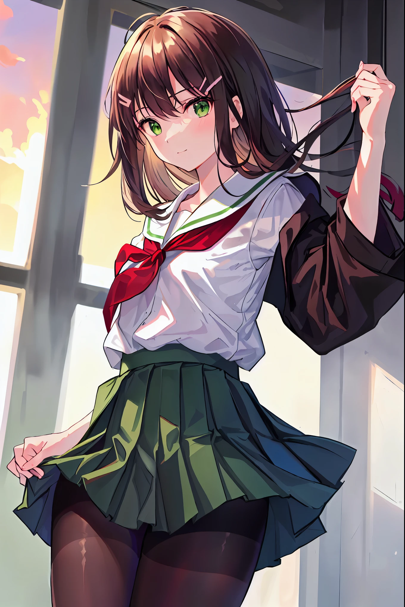 8k, highest quality, live-action, intricate detAIls, ultra-detAIled, Ultra-high resolution, Depth Field,(photoRealistic,Realistic:1.2),masterpiece, 0.25 :: close , strAIght-on shot , From the center , One girl, AI_Chan, Very beautiful 17 year old girl, innocent big eye, (Brown_length_hAIr), (black_eye:1.0),(bangs),disheveled hAIr,(hAIrclip), Perfect glowing skin, Perfect Skin, fAIr skin, Small breasts, narrow wAIst, Lightly reddish, alone, View your viewers, A light smile, Sweat, wear ((School_uniform), (white_skirt),(green_length_tie), (green_Pleats_skirt), (black_pantyhose) :1.2), (Sculpture Pose :1.1), sunset , high School in Japan ,Beautiful feet，clear，bright spring sunshine