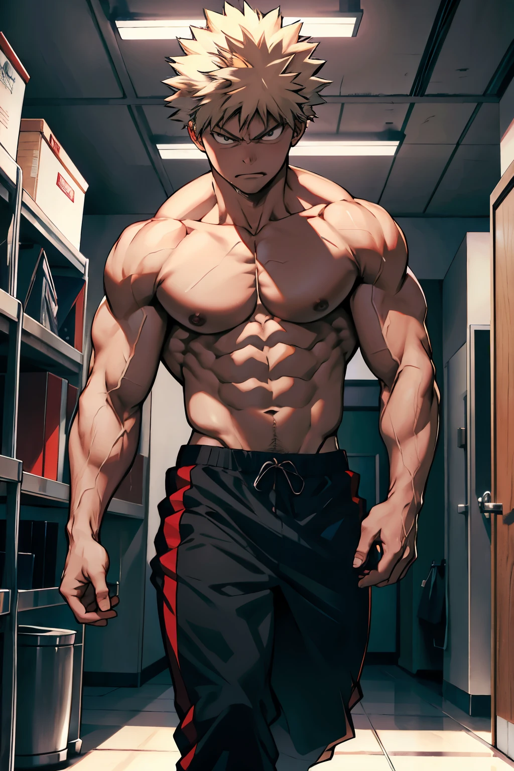 Katsuki Bakugo from Boku No Hero Academia, wearing black gym pants, bodybuilder, defined body, abs, big muscles, shirtless, walking angry