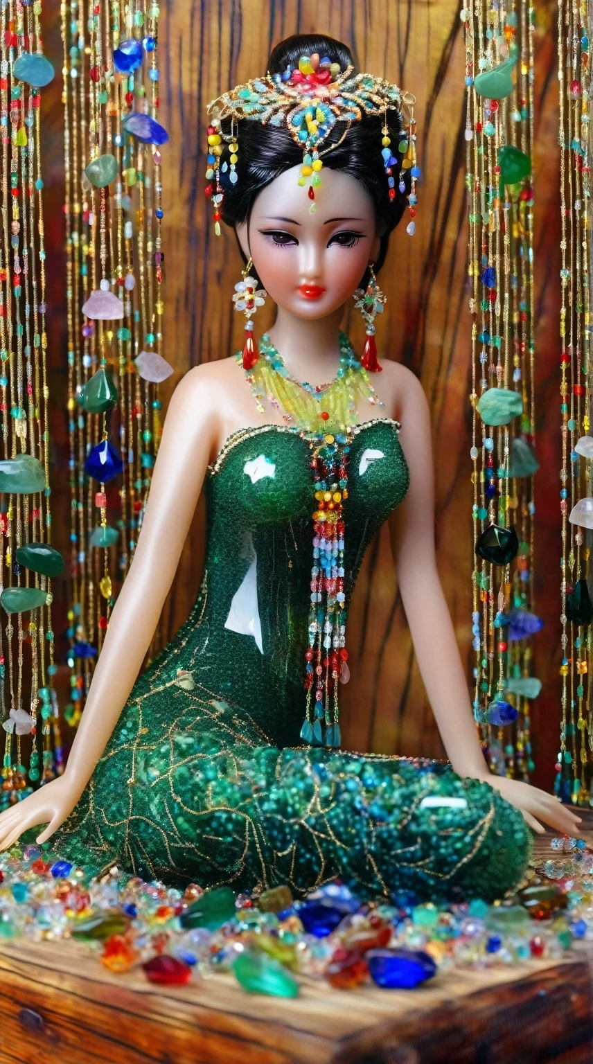 Art jade doll,
An Asian beauty in green dress made of glass, with colorful gemstones hanging from her hair and around the body. She is sitting on top of an elegant wooden table, surrounded by numerous multicolored crystal bead curtains. The figure has exquisite facial features and hands raised up to reach for beads. Ultra realistic photography