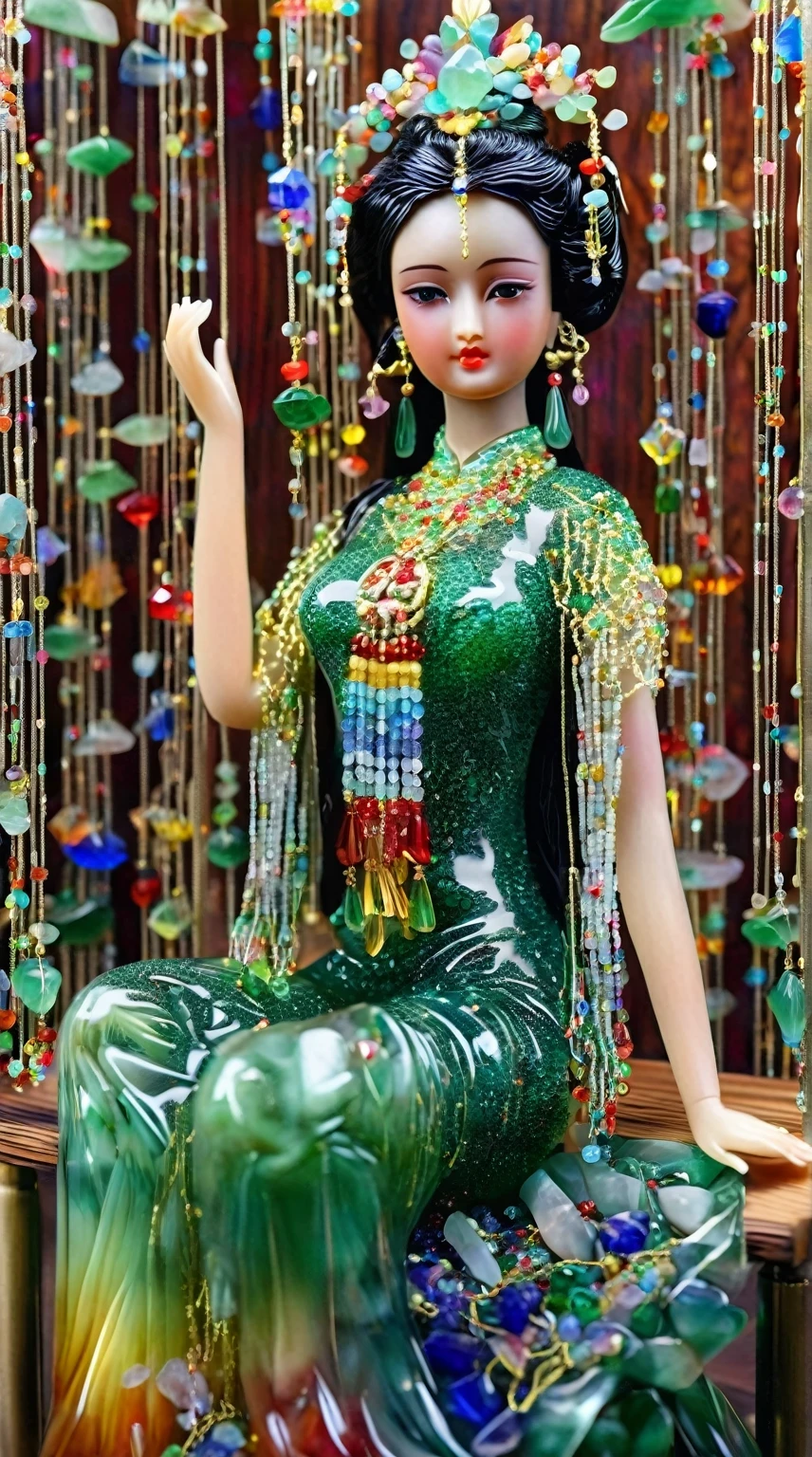 Art jade doll,
An Asian beauty in green dress made of glass, with colorful gemstones hanging from her hair and around the body. She is sitting on top of an elegant wooden table, surrounded by numerous multicolored crystal bead curtains. The figure has exquisite facial features and hands raised up to reach for beads. Ultra realistic photography