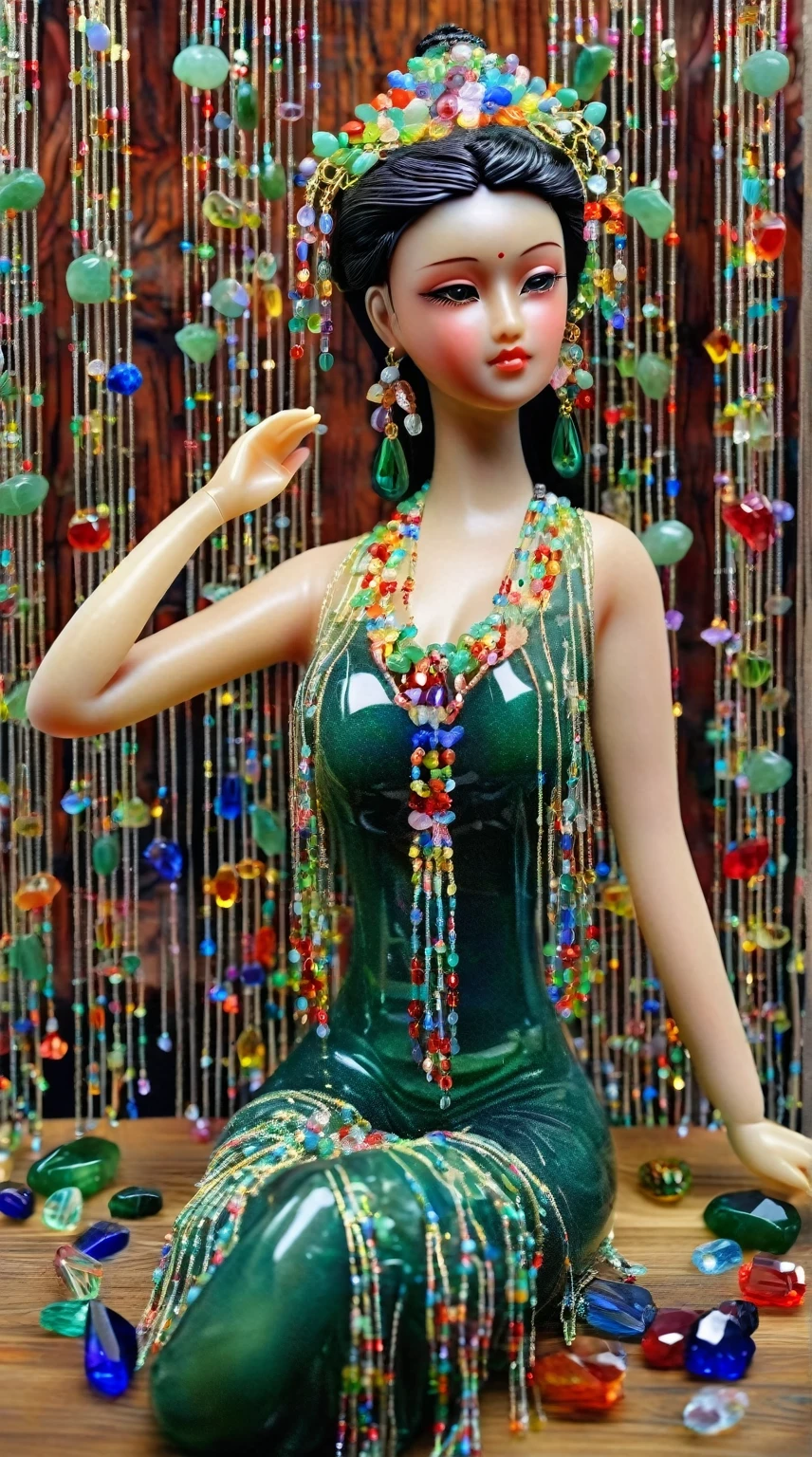 Art jade doll,
An Asian beauty in green dress made of glass, with colorful gemstones hanging from her hair and around the body. She is sitting on top of an elegant wooden table, surrounded by numerous multicolored crystal bead curtains. The figure has exquisite facial features and hands raised up to reach for beads. Ultra realistic photography