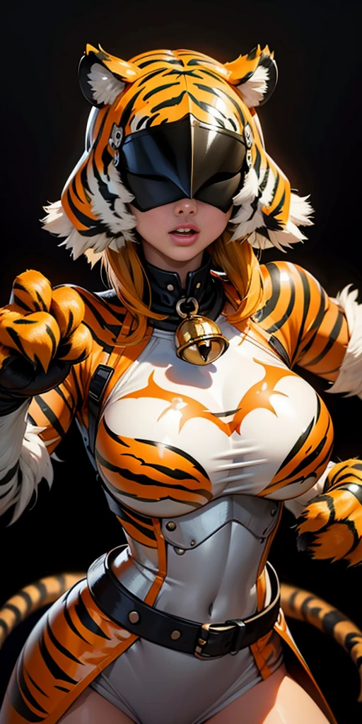 1 solo female blindfolded, animal tiger ears, animal tiger hands, animal tiger print, bell ((Armor reminiscent of a tiger))