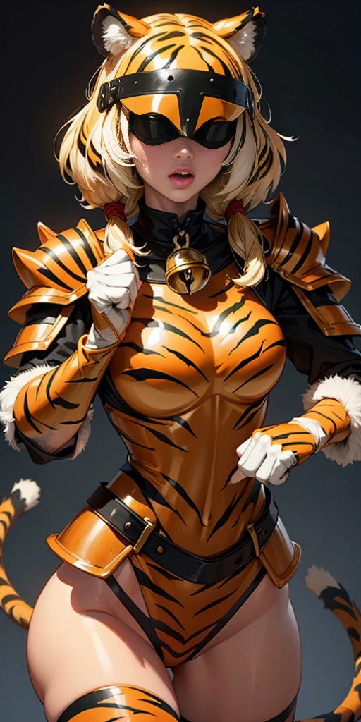 1 solo female blindfolded, animal tiger ears, animal tiger hands, animal tiger print, bell ((Armor reminiscent of a tiger))