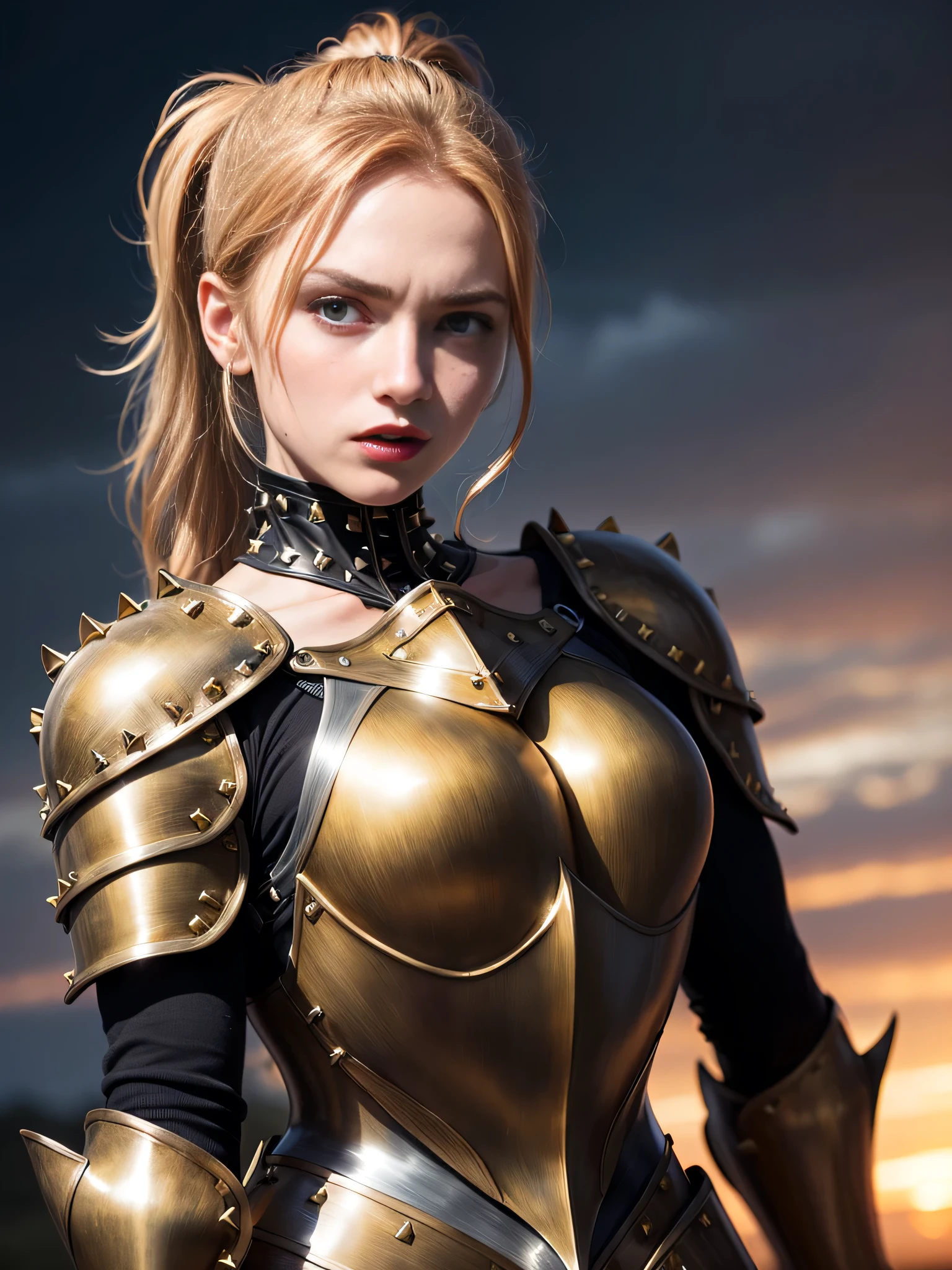 ((best quality: 1.5)) ((masterpiece)), intricate details, sharp focus, professional, photorealistic, real life, realistic representation of the face, ((((solo, 1girl) muscular assassin, (intense expression, metallic lipstick, ([flat chest:medium breasts:0.8]))))) bright glow, dynamic pose, beautiful face, ((film grain, blurry background, blurry foreground, bokeh, depth of field, sunset, interaction)), battlefield, plains, tall grass, solo, BREAK; BREAK (((long wavy [pink hair:bright ginger hair:0.4], ponytail, blackout gothic eyeshadow))), (freckles: 0.9), (((body tattoo: 1.2))), ((fujicolor)), BREAK; BREAK ((((medieval paladin, (brass armor:1.5, closeup breastplate, ((bronze rivets)))), photorealistic, hyper-realistic)))