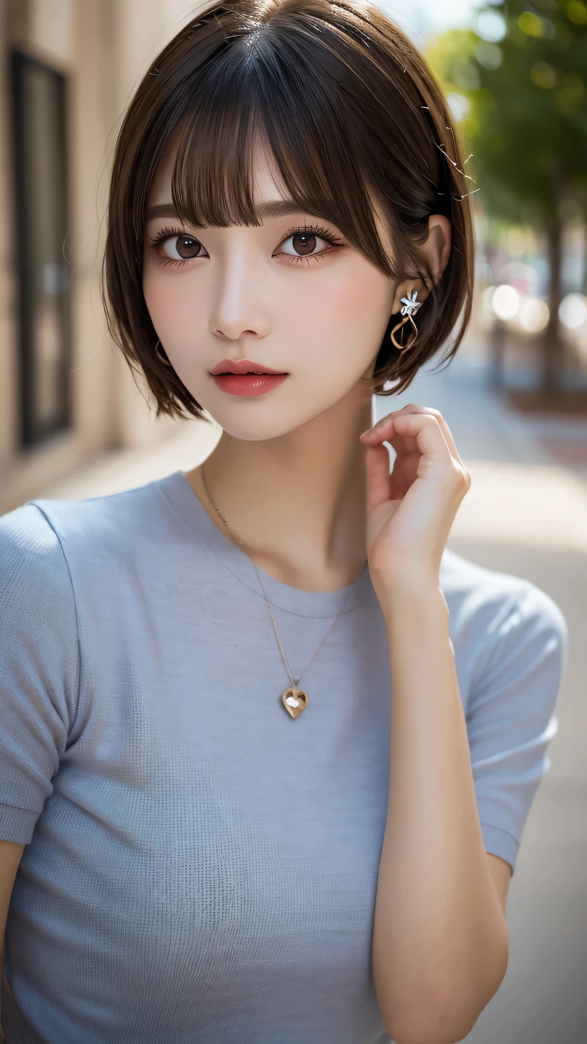 (highest quality, masterpiece), One girl, beautiful girl, Brown eyes, , ((Pixie cut with bangs)), Earrings, lips, Short sleeve,Realistic, Tight waist, Charm, Colorful Makeup, Long eyelashes, Fair skin, (cute), (Detailed face), Detailed eyes, Detailed Iris, 