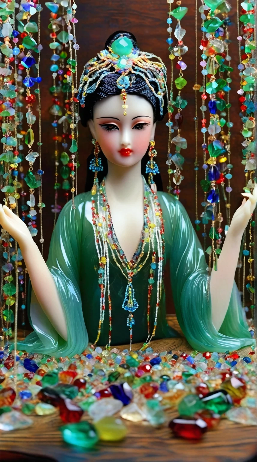 Art  jade doll，
An Asian beauty in green dress made of glass, with colorful gemstones hanging from her hair and around the body. She is sitting on top of an elegant wooden table, surrounded by numerous multicolored crystal bead curtains. The figure has exquisite facial features and hands raised up to reach for beads. Ultra realistic photography
