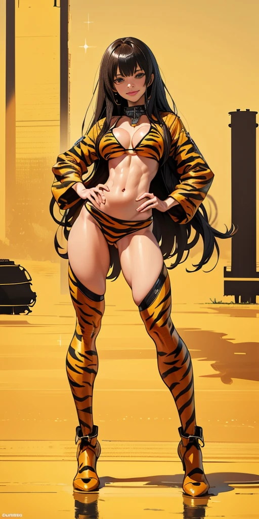 Full body Rei Kishimoto from "Gantz" (((Plain background 1:2))) (masterpiece, high quality: 1.1) 1girl solo full body height standing straight symmetrical looking to the viewer, view from below, far shot, cow boy shot, perfect lighting, muscular, thighs, mature woman, mummy, bellybutton, abs, looks at the viewer smile RED CHEEKS, extremely huge breasts, maternal, porcelain skin, extra very long hair, sparkly skin, good face, chest cover, HANDS ON HIPS (yellow tiger bikini print long sleeves and long stockings)