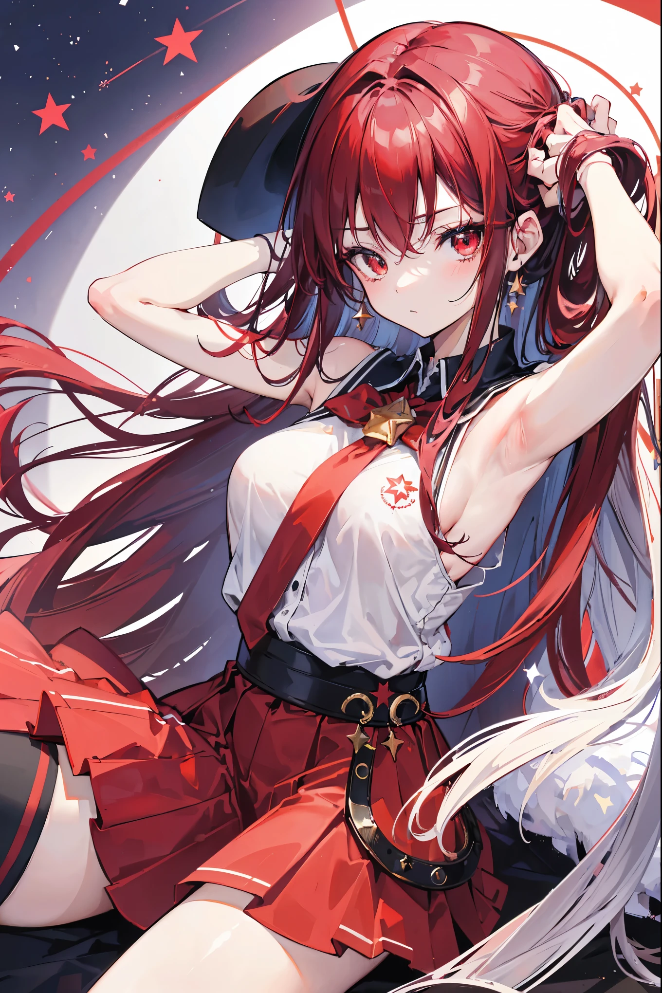"anime girl, 1 person, dark red hair, shoulder length hair, dark red eyes, wearing a small hat, small hat, red hat with yellow trim,"((has a red star shaped energy circle on the back of her head))", wearing a shirt Female with close-fitting eyelashes, uniform shirt, dark red skirt, big breasts, long stockings, blushing,"((raising her hand to tie her hair))", ((revealing her armpit)),sitting cross-legged,full body,solo, looking straight, (full HD image 4K+)"