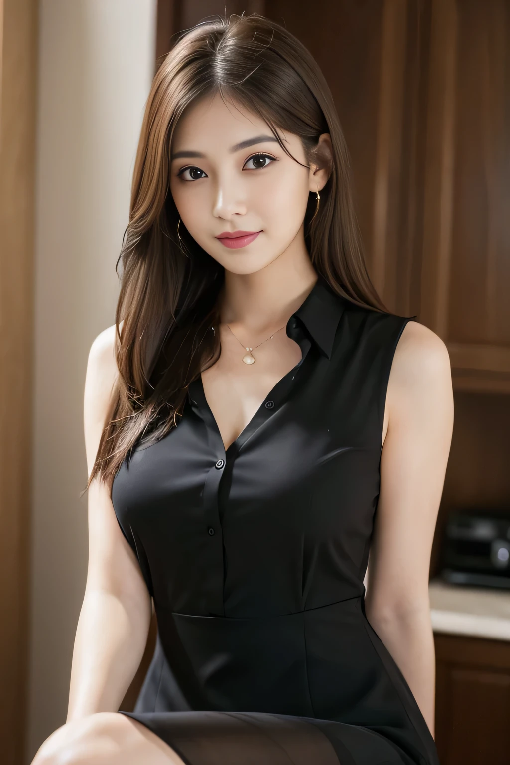 (RAW Photos), (Realistic), (masterpiece), (highest quality), High resolution, 8k, (Intricate details), (Volumetric Light), Portraiture, woman, Age 35, Medium Hair, Straight hair, Medium Chest, Layered Hair, Brown Hair, Very beautiful eyes, Source order, Very thin eyebrows, Very fine skin, Very beautiful mouth, Very nice nose, Cute like an idol, smile, (Thick lips), (Looking at the audience), (A see-through black dress shirt with a collar), Above the knee shot
