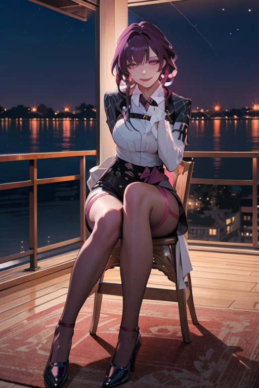 masterpiece, best quality, ultra detailed, 1 woman, kafka, beauty, perfect anatomy, perfect eyes, perfect face, perfect fingers, perfect hands, anime girl, sexy uniform, thight, purple hair, seductive smile, full body, bautiful woman, at night background, seductive, hot, spicy,