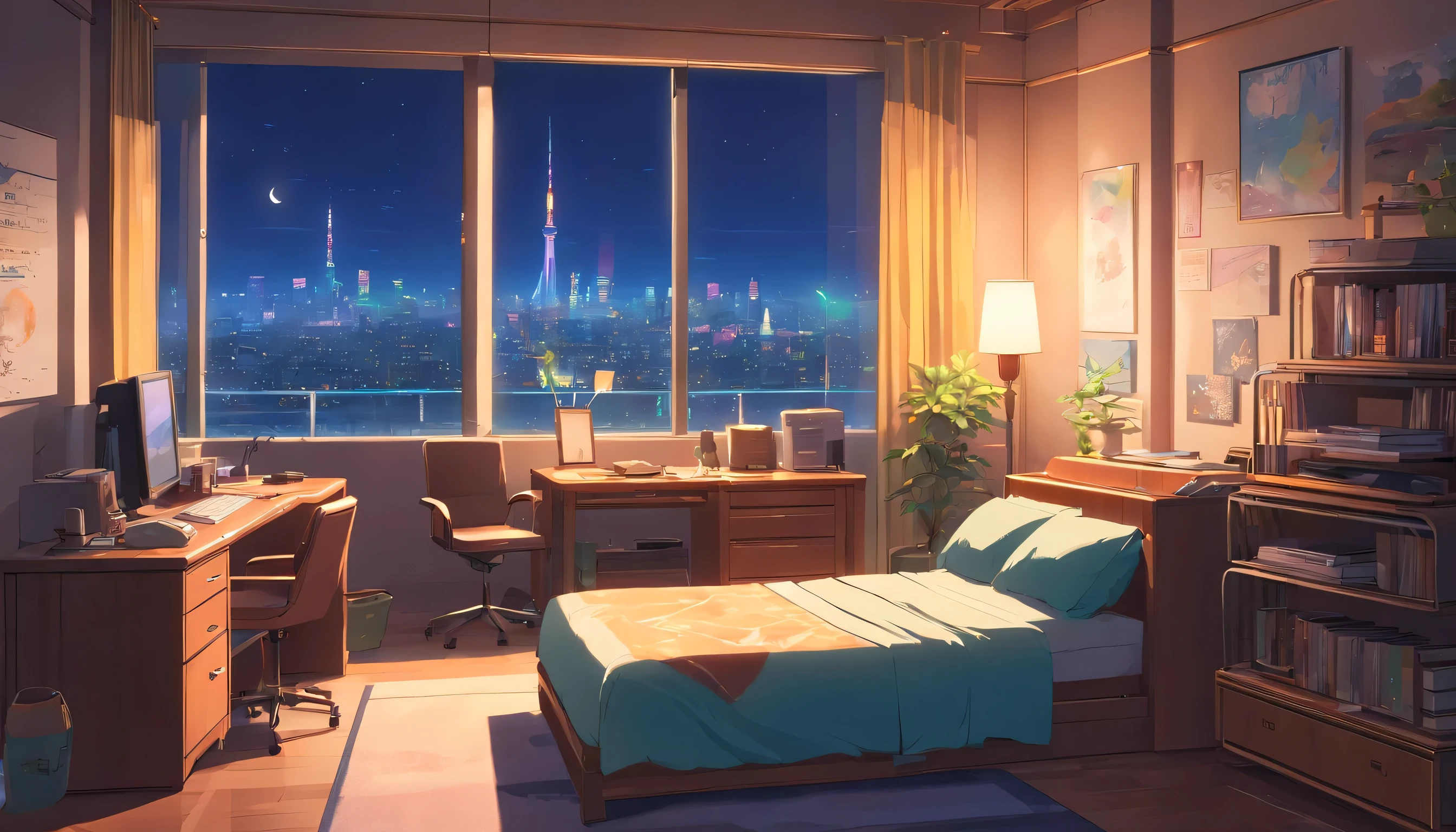 3D animation movie still from a comfortable room, Large windows offer views of the city at night., Moon with coat of arms, melancholic, Atmosphere of sadness, There is no bed making service., Computer Desk, Cluttered furniture, Otaku style poster on the wall、guitar in the corner,Pixar Style, Disney, Vaporwave
