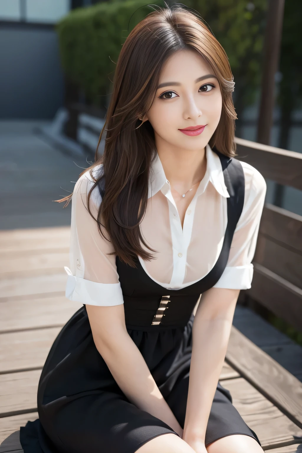 Tabletop, highest quality, Realistic, Very detailed, finely, High resolution, 8k wallpaper, One beautiful woman,, Light brown messy hair, He is wearing a black see-through dress shirt with an open collar....., Sharp focus, Perfect dynamic composition, Beautiful and detailed, Thinning hair, Detailed Realistic skin texture, smile, Close-up portrait, Model Body Type、president'secretary、mini skirt、High heels、