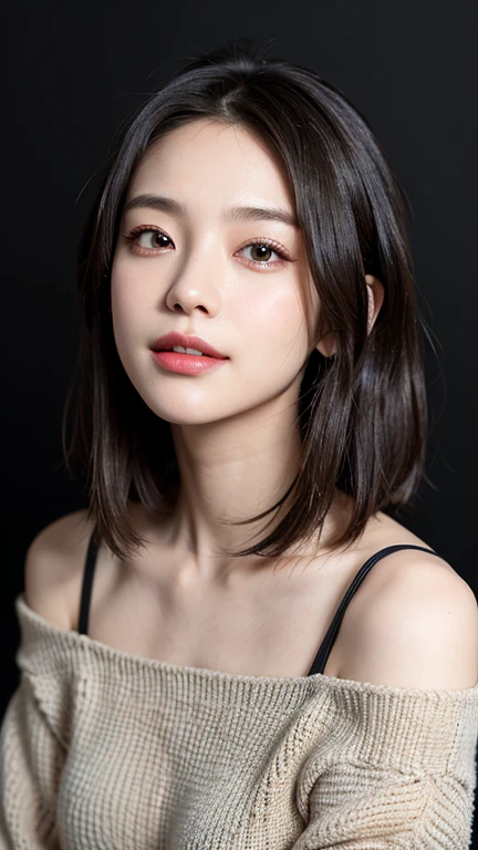 (((Close-up of face)))、(((Absolutely shoulder-length brown straight short bob)))、(((She is posing like a hair salon model, with a black wall indoors as the background.)))、(((Casual black winter long sleeves with shoulders covered)))、Half Japanese, half Korean、18 year old girl、Standing Alone、Looking forward、Light eye makeup、Brown Hair Color、Flat and 、Hair blowing in the wind、Actress Quality、Glossy, ultra-realistic face、Smiling face、Watery eyes、Gazing Up、Subtle lighting effects、 Ultra-Realistic Capture、Very detailed、High resolution 16K close up of human skin。Skin texture must be natural、The details must be such that pores can be clearly seen、The skin is healthy、Uniform tone、Use natural light and colors、A worn-out, high-quality photo taken by a model agency's in-house photographer.、smile、(((SIGMA 300 mm F/1.4,1/1000 sec shutter,ISO 400)))