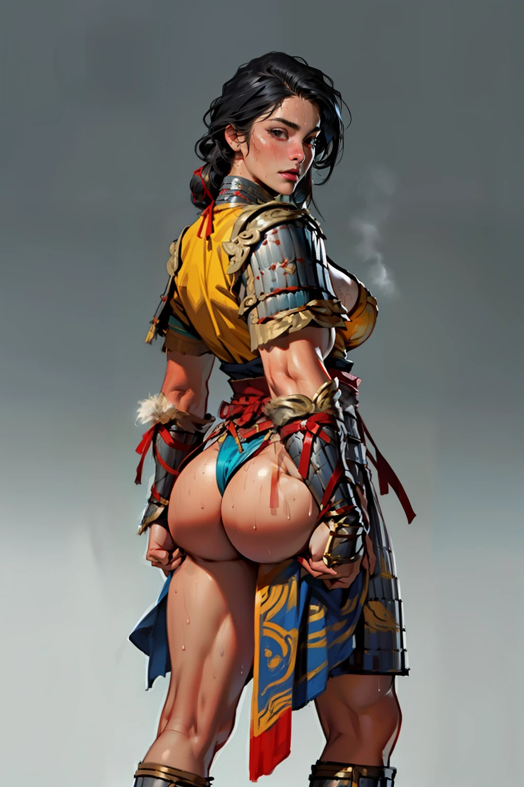 (high resolution, pixel perfect, realistic, gorgeous illustrations), (hyper quality, muste piece, etheric: 1.4), (((1girl))), ((((black skin)))), clothed, (((((((Buttlift))))))), (((((((stand,open legs))))))), tattoo, mature woman, cool atmosphere, (((((((middle hair))))))), ((Exquisite face)), (clear face), (((((((muscular))))))), ((thick thighs)), (((wide hips))), ((Big breasts that are about to burst)), fighter, (((woman))), ((((wh_chi_armor)))), ((leotard)), ((((loincloth)))), (shiny skin), ((((gleaming skin)))), (((sweat))), simple background,