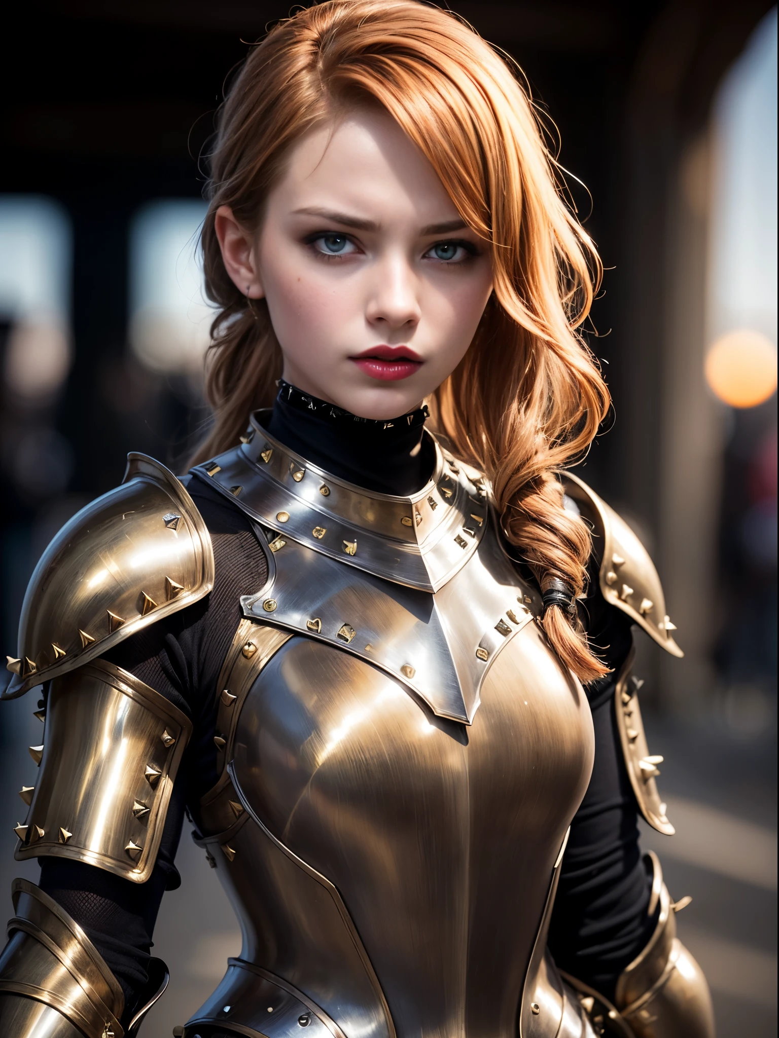 ((best quality: 1.5)) ((masterpiece)), intricate details, sharp focus, professional, photorealistic, real life, realistic representation of the face, ((((solo, 1girl) muscular assassin, (intense expression, metallic lipstick, ([flat chest:medium breasts:0.8]))))) bright glow, dynamic pose, beautiful face, ((film grain, blurry background, blurry foreground, bokeh, depth of field, sunset, interaction)), battlefield, plains, tall grass, solo, BREAK; BREAK (((long wavy [pink hair:bright ginger hair:0.4], ponytail, blackout gothic eyeshadow))), (freckles: 0.9), (((body tattoo: 1.2))), ((fujicolor)), BREAK; BREAK ((((medieval paladin, (brass armor:1.5, closeup breastplate, ((bronze rivets)))), photorealistic, hyper-realistic)))