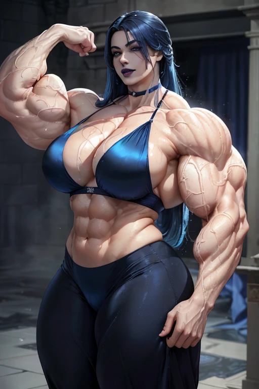 (((((Massive tall, beautiful, buff, wet, pale white skinned muscular woman with royal blue hair, black lipstick, ginormous bulky muscles, beautifully posing and wearing a silk royal blue bra with royal blue silk pajamas pants))))), close view, massive muscle, massive biceps, hyper muscle shoulders, (massive muscle arms), vascular shoulders, hyper muscle triceps, (long curly wavy hair), white eyes, choker, slippers, (in middle of a thunder shower), confidant smile, night, hyper vascular arm, hyper muscles arms, hyper muscle legs, (massive arms).