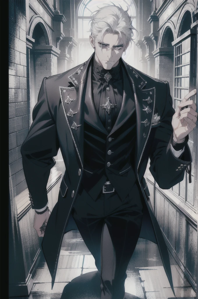 (masterpiece, best quality), (absurd res, high res, ultra detailed), 1 male, adult, handsome, tall muscular guy, broad shoulders, white hair, finely detailed eyes, portrait, looking at viewer, solo, half shot, detailed background, detailed face, (gothic), smirk, vampire, dark leather, high fantasy,, stealth, undercover, (crates in background), shadows, fog, (dutch angle), closed mouth, full body