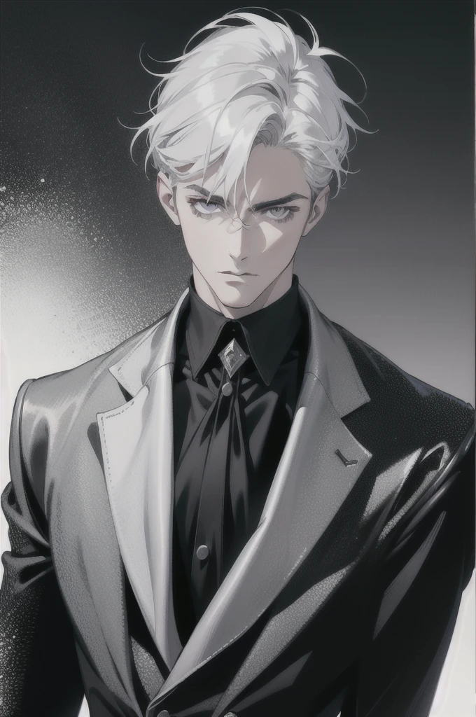 (masterpiece, best quality), (absurd res, high res, ultra detailed), 1 male, adult, handsome, tall muscular guy, broad shoulders, white hair, finely detailed eyes, portrait, looking at viewer, solo, half shot, detailed background, detailed face, (gothic), smirk, vampire, dark leather, high fantasy,, stealth, undercover, (crates in background), shadows, fog, (dutch angle), closed mouth, full body
