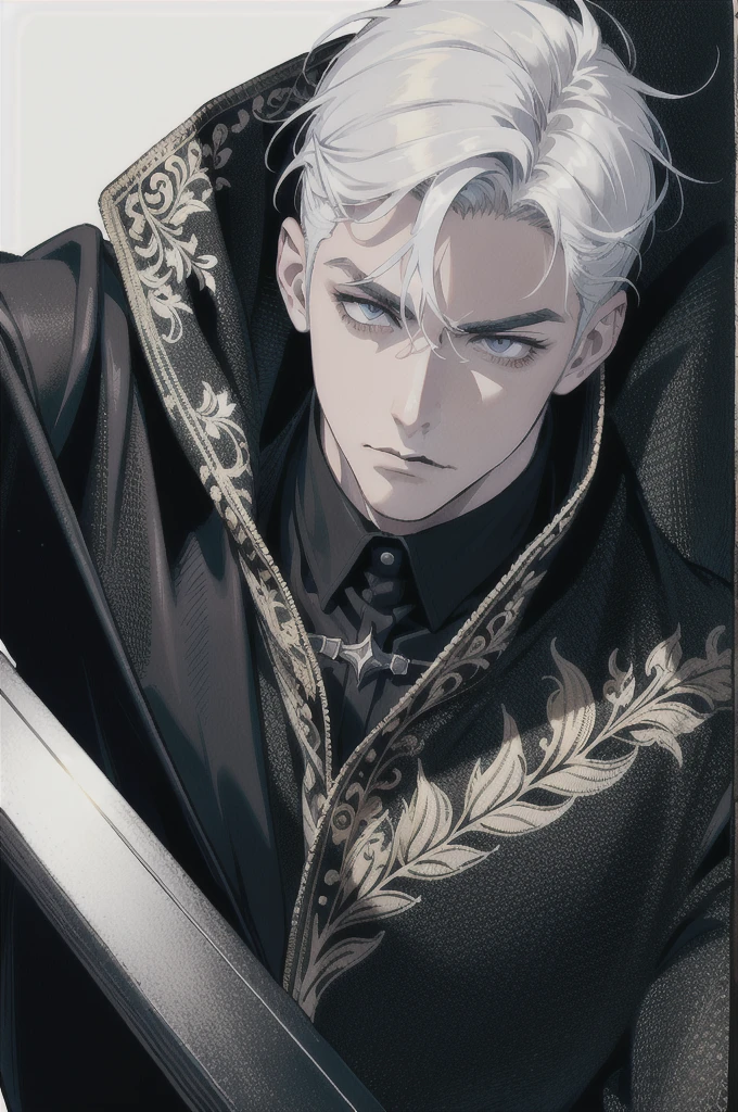 (masterpiece, best quality), (absurd res, high res, ultra detailed), 1 male, adult, handsome, tall muscular guy, broad shoulders, white hair, finely detailed eyes, portrait, looking at viewer, solo, half shot, detailed background, detailed face, (gothic), smirk, vampire, dark leather, high fantasy,, stealth, undercover, (crates in background), shadows, fog, (dutch angle), closed mouth, full body
